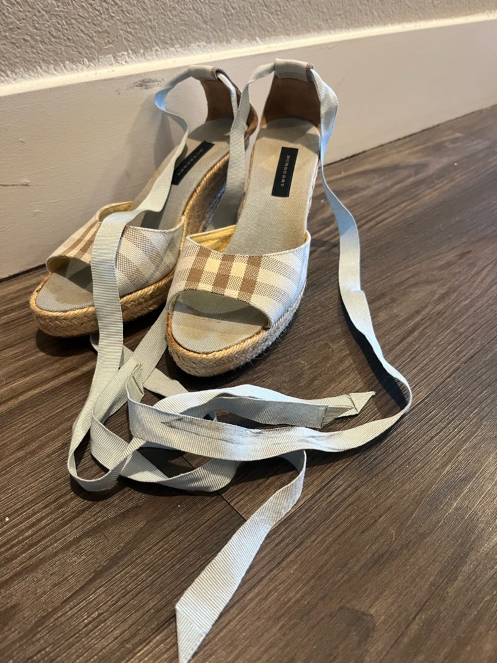 Burberry Beige Plaid Espadrille Wedges with Light Blue Wrap Ties